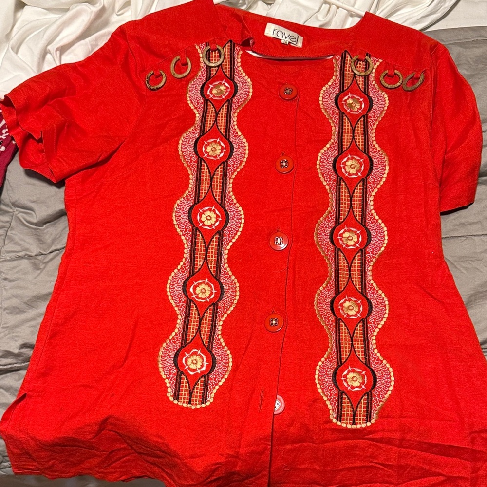 Ravel Vibrant Red Embroidered Button Down Shirt
